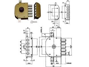 Serratura triplice da applicare senza scrocco a pompa 3200 - mm.60 DX (3200C-02) - 2 mandate, scatola in acciaio verniciato, catenacci a pistoni con interasse mm.28 in acciaio cromato, dotazione: 1 bocchet...