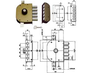 Serratura triplice da applicare con pomolo senza scrocco a pompa 3200p - mm.60 DX (3200P-02) - 2 mandate, scatola in acciaio verniciato, catenacci a pistoni con interasse mm.28 in acciaio cromato, cilindro a pompa lato...