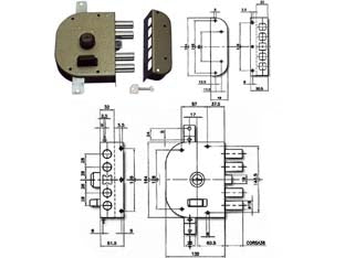 Serratura triplice da applicare con scrocco a pompa 3250 - mm.60 SX (3250C-52) - 2 mandate, scatola in acciaio verniciato, catenacci a pistoni con interasse mm.28 in acciaio cromato, dotazione: 1 bocchett...