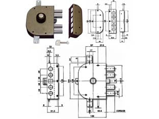 Serratura triplice da applicare con pomolo e scrocco a pompa 3250p - mm.60 SX (3250P-52) - 2 mandate, scatola in acciaio verniciato, catenacci a pistoni con interasse mm.28 in acciaio cromato, cilindro a pompa lato...
