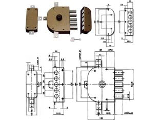 Serratura quintuplice da applicare senza scrocco a pompa 3300 - mm.60 SX (3300C-52) - 4 mandate, scatola in acciaio verniciato, catenacci a pistoni con interasse mm.28 in acciaio cromato, cilindro a pompa lato...