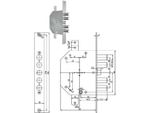 Serratura triplice infilare con scrocco rev.doppia mappa blindate 2151 - mm.60 chiave mm.92 (2151-01) - scatola in acciaio zincato, catenacci e scrocco a pistoni con interasse mm.28 in acciaio cromato, reversibile, 4 mandate, qua...