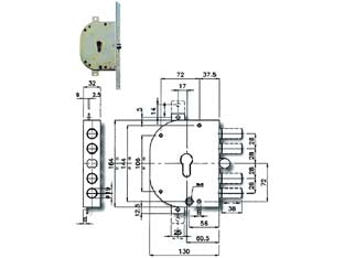Serratura triplice da infilare con scrocco cil. eu. blindate 2151pen - mm.60 SX (2151PEN-11) - scatola in acciaio zincato, fissaggio cilindro con Sistema Simply, catenacci e scrocco a pistoni con interasse mm.28 in accia...