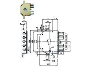 Serratura triplice da applicare con scrocco cil. eu. blindate 2155pen - mm.60 SX (2155PEN-11) - scatola in acciaio zincato, fissaggio cilindro con Sistema Simply, catenacci e scrocco a pistoni con interasse mm.28 in accia...