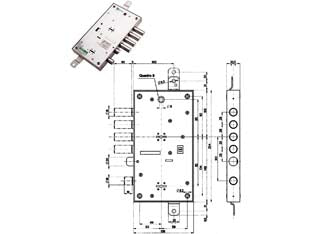 Serratura triplice applicare multif. scrocco d/mappa blindate 54595 - mm.63 DX (54595D) - scatola mm.136x254h. in acciaio zincato, catenacci e scrocco a pistoni con interasse mm.28 in acciaio cromato, 4 mandate, scr...