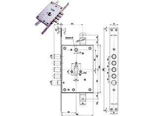 Serratura triplice infilare con scrocco cil. europeo blindate 85771/28 - mm.63 SX (85771S28N) - scatola mm.136x206h. in acciaio con rivestimento in zinco, piastra mm.356x35, catenacci e scrocco in acciaio nichelato, 2 man...