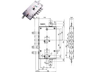 Serratura triplice applicare multif. scrocco cil. eur. blindate 85595 - mm.63 DX (85595D) - scatola mm.136x254h. in acciaio con rivestimento in zinco, catenacci e scrocco in acciaio nichelato, 2 mandate, quadro manigl...