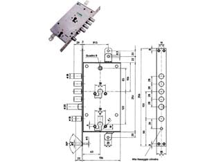 Serratura triplice infilare multif. scrocco cil. eur. blindate 85795 - mm.63 SX (85795S) - scatola mm.136x254h. in acciaio con rivestimento in zinco, piastra mm.356x35, catenacci e scrocco in acciaio nichelato, 2 man...