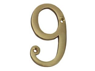 Numero civico 9 inglese in ottone lucido - mm.75h. numero civico 9, in ottone lucido con fori
