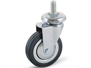 Ruote a forcella in gomma con perno 155b - ø mm.60x23 perno ø mm.10x30 mm.93h. port. Kg.60 - supporto in acciaio cromato stampato rotante su corona di sfere, ruota in gomma nera con parafili e flange in acciaio stampat...