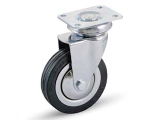 Ruote a forcella in gomma con piastra girevole 155 - ø mm.80x20 piastra mm.64x50 mm.115h. port. Kg.70 - supporto in acciaio cromato stampato rotante su corona di sfere, ruota in gomma nera con parafili e flange in acciaio stampat...