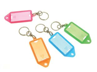 Portacartellini giganti con anello e givolare - in plastica trasparente colori assortiti, finestra mm.50x30, confezionati in barattolo di plastica trasparente