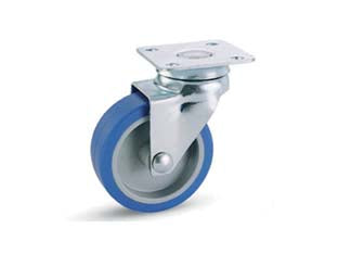 Ruote a forcella in gomma blu sintetica con piastra girevole 221 - ø mm.50x18 piastra mm.40x40 mm.66h. port. Kg.20 - supporto in acciaio zinco-cromato stampato rotante su doppia corona di sfere, ruota in gomma sintetica blu, durezza 97 ShA+/-...