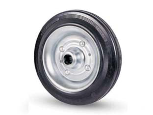 Ruote industriali in gomma 112 - ø mm.180x50 - foro ø mm.20 port. Kg.170 - ruote con rivestimento in gomma piena nera e flange in acciaio stampato zinco-cromato, mozzo su cuscinetti a rulli schermati