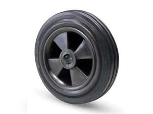 Ruote industriali semplici flangia termoplastica in gomma 112b - ø mm.125x37 - foro ø mm.15 port. Kg.100 - ruota con rivestimento in gomma piena nera Sh A 83, nucleo in materiale termoplastico nero ad alta resistenza con boccola in ...