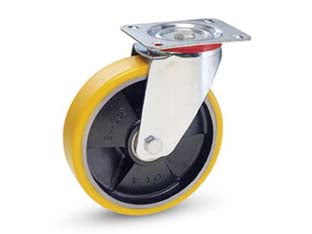 Ruote industriali in poliuretano nucleo ghisa con piastra girevole22 - ø mm.200x40 piastra mm.140x110 - 235h. p. Kg.300 - supporto tipo medio fisso rotante in acciaio stampato zinco-cromato ruota con rivestimento in poliuretano AVOLAN Sh A 91, nuc...