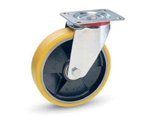 Ruote industriali in poliuretano nucleo ghisa c/piastra girevole22se - ø mm.150x30 piastra mm.100x85 - 181h. p. Kg.200 - supporto tipo medio fisso rotante in acciaio stampato zinco-cromato ruota con rivestimento in poliuretano AVOLAN Sh A 91, nuc...