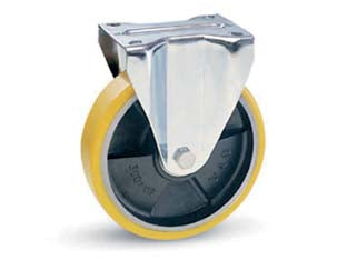 Ruote industriali in poliuretano nucleo ghisa piastra fissa 22sea - ø mm.150x30 piastra mm.100x85 - 181h. p. Kg.200 - supporto tipo medio fisso fisso in acciaio stampato zinco-cromato ruota con rivestimento in poliuretano AVOLAN Sh A 91, nucle...