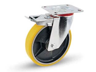 Ruote industriali poliur.nucleo ghisa piastra girevole freno 24seant - ø mm.125x25 piastra mm.115x85 - 155h. p. Kg.130 - supporto tipo medio fisso in acciaio stampato zinco-cromato con dispositivo di bloccaggio rotazione ruota, ruota con rivestim...