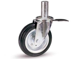Ruote industriali gomma e perno girevole freno tubo innocenti80bisbi - ø mm.200x50 - mm.155h. port. kg.205 - supporto tipo medio rotante con fermo in acciaio stampato zinco-cromato su doppia corona di sfere e anello parapolvere sul gi...