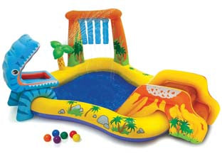 Piscina gonfiabile rettangolare gioco dinosauro +3 anni - cm.249x191x109h. - peso kg.5,20 (57444) - in vinile spessore mm.0,28, piscina per bambini, scivolare dal vulcano, cadi nella piscina e dai da mangiare al dinosauro con...