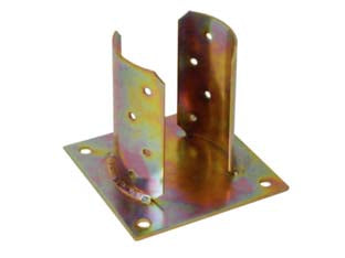Supporto a pavimento con piastra per palo tondo - base mm.150x150 per trave ø mm.100 - in acciaio tropicalizzato per travi tonde, spessore mm.2,5