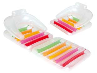 Poltrona gonfiabile fashion - cm.201x89 - peso Kg.1,7 (art.43023) - realizzata in vinile, spessore plastica da mm.0,24, parte superiore trasparente multicolore, 3 camere d'aria, comodo design p...