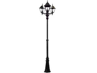 Lampione 3 luci su palo modello new york - 3x100w IP44 cm.230h. colore nero - struttura in alluminio verniciato, a tre luci con vetri trasparenti