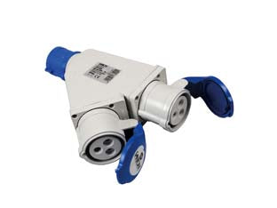 Adattatore industriale con spina e 2 prese cee 309 ip44 - 16A colore blu 73105 - spina 2 poli + terra 16A CEE 220v, 2 prese 2 poli + terra 16A CEE 220v
