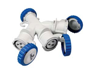 Adattatore industriale 220v con spina e 3 prese cee 309 ip67 - 16A colore blu 73120 - spina 2 poli + terra 16A CEE 220v a 3 prese 2 poli + terra 16A CEE 220v