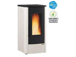 Stufa a pellet dahiana vfs 5.0 10 kw avorio (conto termico) - misure cm.52,5x60,2x108,0h. - peso Kg.157 - 3,4/11,0 Kw potenza termica globale, 3,0/10,0 Kw potenza nominale utile per mc.287 riscaldabili , consumo 0,7/2,3 Kg/h., port...