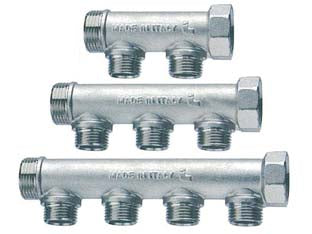 Collettore di distribuzione componibile 3/4 2 derivazioni m art.455 - MF 3/4' - 3 derivazioni M 1/2' - collettore componibile con 2 derivazioni maschio sede conica 1/2', corpo in ottone nichelato, adatto per tubo rame, PEX, poli...