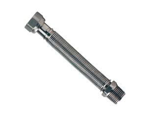 Flessibile estensibile per acqua in acciaio inox - MF 1/2' - ø DN 15 - mm.200/400 - tubo in acciaio inox AISI 321L a onde parallele, spessore mm.0,21, maschio e codolo porta dado in acciaio inox AISI 303, dado...