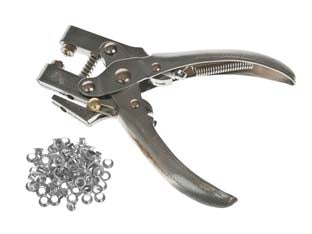 Pinza occhiellatrice professionale con occhielli - mm.170 - in acciaio cromato, completa di 100 occhielli, in blister