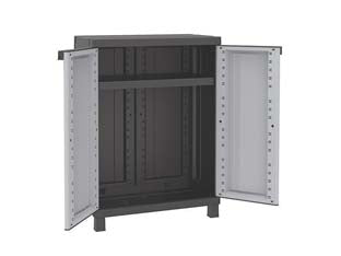 Armadio tuttopiani basso serie twist black 680 - mm.680x390x915h. - in materiale termoplastico, colore grigio chiaro con maniglie grigio scuro, a due ante con 1 ripiano interno regolabile