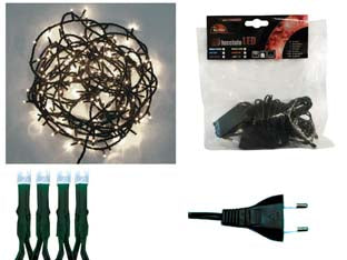 Lucciole a led bianco freddo luce fissa per interno - 50 led - mt.1,5 + 7,35 - tensione 220-240v/50Hz, luce fissa, grado di protezione IP 20, confezionate in busta, cavo verde