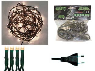 Lucciole a led bianco caldo luce fissa per interno - 40 led - mt.1,5 + 4 - tensione 230v/50Hz, luce fissa, grado di protezione IP 20, confezionate in busta, cavo verde