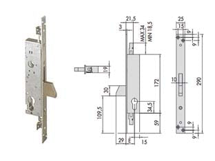 Serratura triplice da infilare per montanti e persiane s/scrocco 46820 - mm.25 (46820250) - scatola e frontale in acciaio con rivestimento in zinco, solo catenaccio basculante in acciaio nichelato, perni filettati del...