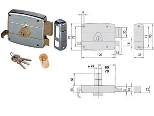 Serratura applicare catenaccio e scrocco doppio cilindro fisso 50521 - mm.60 DX (50521601) - scatola e bocchetta in acciaio con rivestimento in zinco, senza aletta di fissaggio, adatta da applicare su porte in ferro, c...