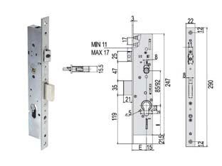 Serratura triplice infilare montanti con quadro e scr. multitop 49225 - mm.35 (49225350) - serie MULTITOP con dispositivo di azionamento tramite sistema a ingranaggi che riduce lo sforzo sulla chiave, scatola in acci...