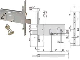 Serratura triplice da infilare per fasce doppia mappa mm.78 h 57357 - mm.90 (57357900) - scatola e frontale in acciaio inox con rivestimento in zinco, frontale mm.22, catenaccio e scrocco in acciaio nichelato 4 man...