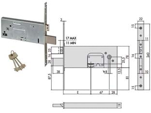 Serratura da infilare per fasce doppia mappa mm.78 h 57352 - mm.90 (57352900) - scatola e frontale in acciaio con rivestimento in zinco, catenaccio e scrocco in acciaio nichelato 4 mandate, con quadro mani...