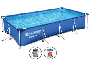 Piscina steel pro rettangolare telaio portante cm.400x211x81h. -kg.34,0 -lt.5.700 -filtro cartuccia (art.56424) - il telo è realizzato in PVC poliestere triplo strato, la struttura portante è composta da strutture in acciaio zincato e vern...