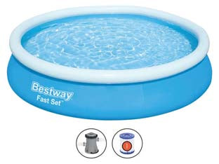 Piscina fast set autoportante tonda cm.366x76h. - kg.14,0 -lt.5.377 -filtro cartuccia (art.57274) - il telo è realizzato in PVC poliestere triplo strato, compresa pompa di filtraggio a cartuccia con tubi e raccordi, tensione ...