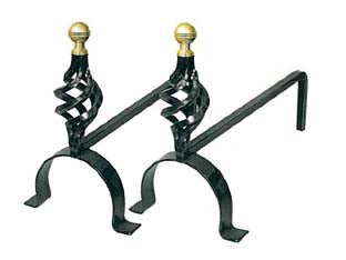Alari pigna con pomoli in ottone per camino - cm.35 - in ferro battuto verniciato nero con pomoli in ottone