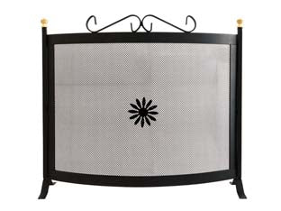 Parascintille curvo con decoro per camino - cm.60x65h. - in ferro battuto verniciato nero con pomoli in ottone