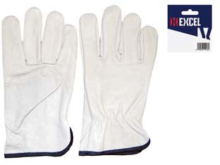 Guanti da lavoro in pelle bovina bianco - tg.9 - guanto con elastico stringipolso interno, orlato, impieghi: industria meccanica, impiantistica, manutenzione in genere, con c...