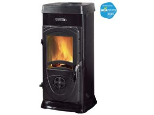 Stufa a legna super junior 5 kw nera - misure cm.36,0x41,9x77,1h. - peso Kg.64 - 6,3 kw potenza termica globale, 5 Kw potenza nominale utile per mc.143 riscaldabili, consumo kg/h.1,5, rendimento 80%, tubo u...