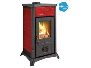 Stufa a legna gemma elegance 6 kw bordeaux - misure cm.46x49,5x84h. - peso kg.87 - 7 Kw potenza nominale utile per mc.201 riscaldabili, rendimento 88,5%, consumo orario 1,8 kg/h., tubo uscita fumi ø cm.12, di...