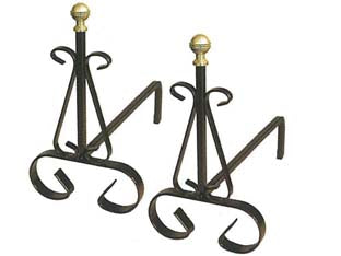 Alari per camino con pomoli in ottone - cm.19x31x30h. - in ferro battuto verniciato nero